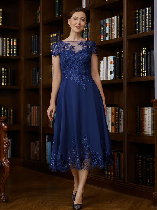 Rosalind A-Line/Princess Chiffon Applique Bateau Short Sleeves Tea-Length Mother of the Bride Dresses DEP0020275