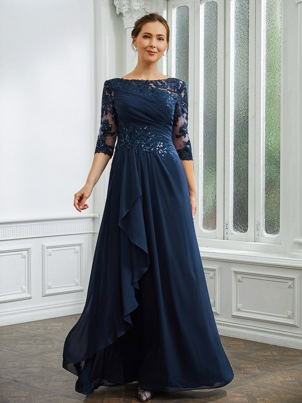 Hailey A-Line/Princess Chiffon Applique Bateau 3/4 Sleeves Floor-Length Mother of the Bride Dresses DEP0020276