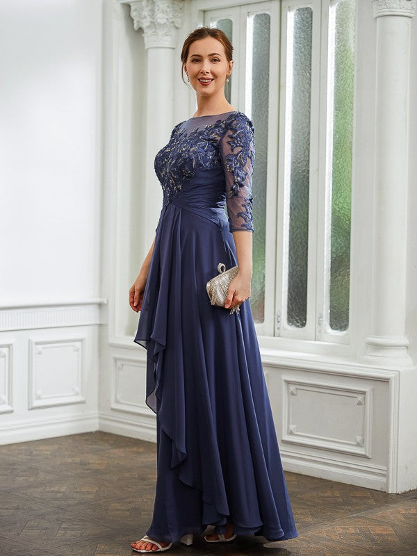 Emily A-Line/Princess Chiffon Applique Bateau 3/4 Sleeves Floor-Length Mother of the Bride Dresses DEP0020266