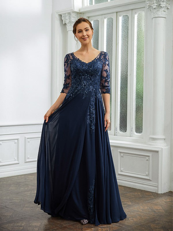 Nora A-Line/Princess Chiffon Applique V-neck 3/4 Sleeves Floor-Length Mother of the Bride Dresses DEP0020267