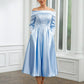 Jeanie A-Line/Princess Elastic Woven Satin Ruched Off-the-Shoulder Long Sleeves Tea-Length Mother of the Bride Dresses DEP0020269