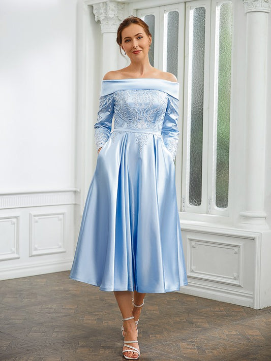 Jeanie A-Line/Princess Elastic Woven Satin Ruched Off-the-Shoulder Long Sleeves Tea-Length Mother of the Bride Dresses DEP0020269