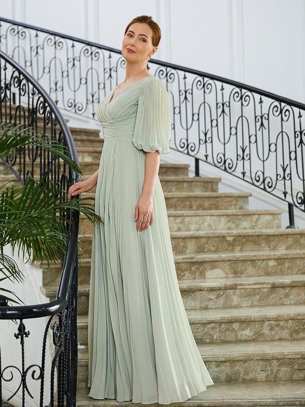 Terri A-Line/Princess Chiffon Ruched V-neck 1/2 Sleeves Floor-Length Mother of the Bride Dresses DEP0020271