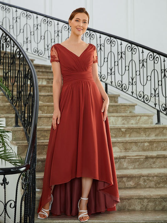 Catalina A-Line/Princess Chiffon Ruched V-neck Short Sleeves Asymmetrical Mother of the Bride Dresses DEP0020273