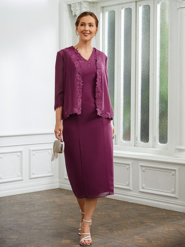 Nicola Sheath/Column Chiffon Applique V-neck Sleeveless Tea-Length Mother of the Bride Dresses DEP0020263