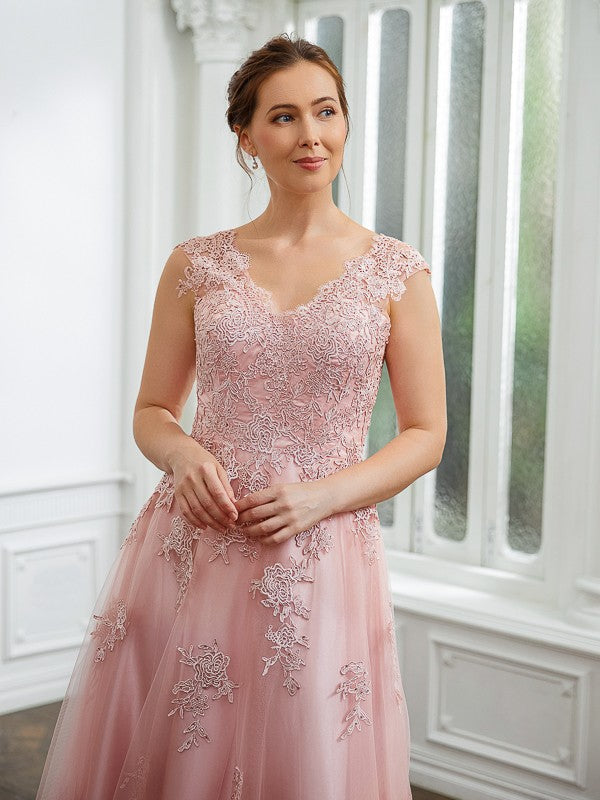 Jocelynn A-Line/Princess Tulle Applique V-neck Sleeveless Floor-Length Dresses DEP0020264