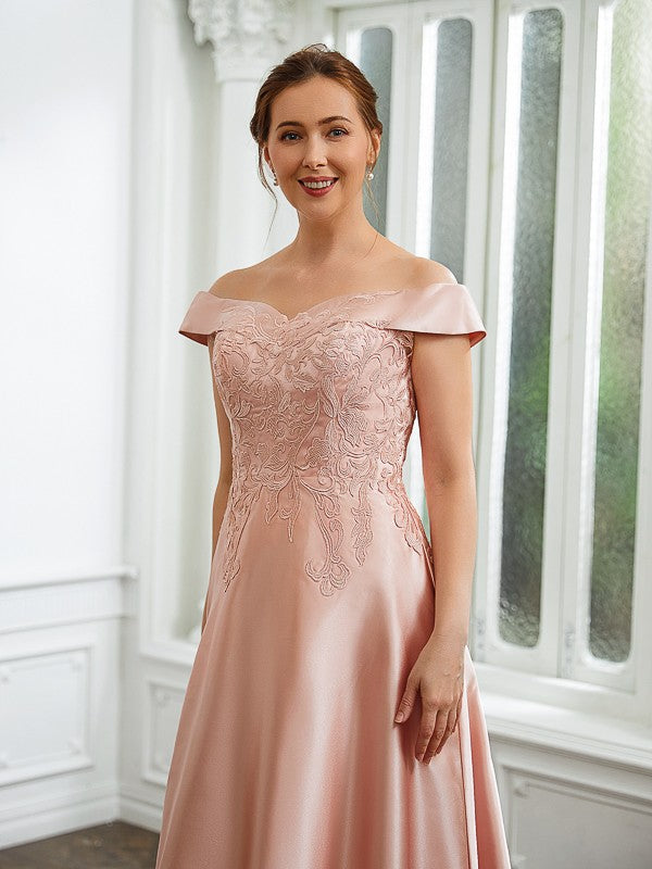 Milagros A-Line/Princess Satin Applique Off-the-Shoulder Sleeveless Tea-Length Mother of the Bride Dresses DEP0020255