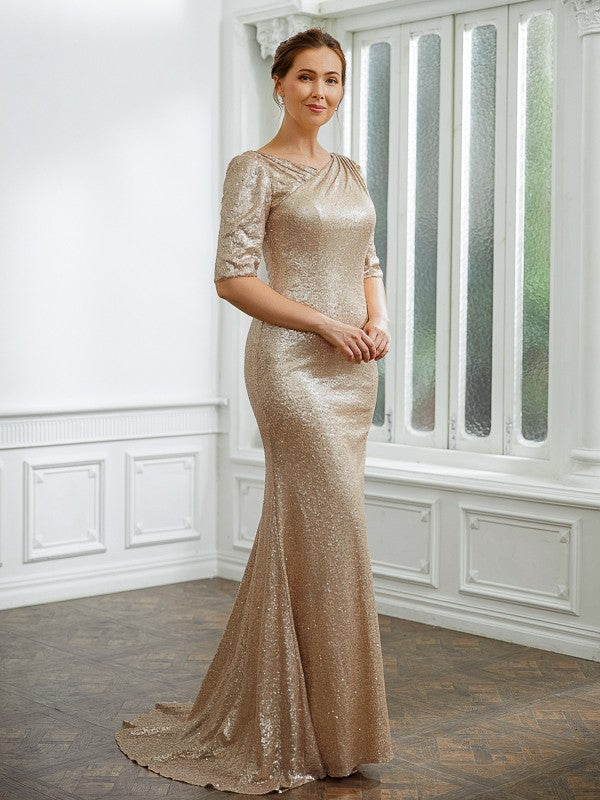 Ruby Sheath/Column Sequins Ruched 1/2 Sleeves Sweep/Brush Train Mother of the Bride Dresses DEP0020248