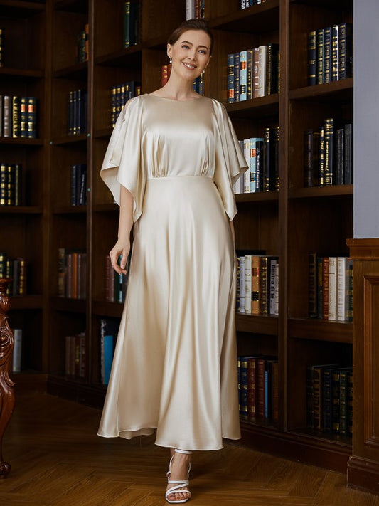 Shyann A-Line/Princess Silk like Satin Ruched Scoop 1/2 Sleeves Ankle-Length Mother of the Bride Dresses DEP0020243