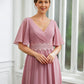 Sophia A-Line/Princess Chiffon Ruched V-neck 1/2 Sleeves Floor-Length Mother of the Bride Dresses DEP0020248