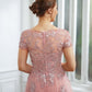Ellie A-Line/Princess Tulle Applique Bateau Short Sleeves Floor-Length Dresses DEP0020242