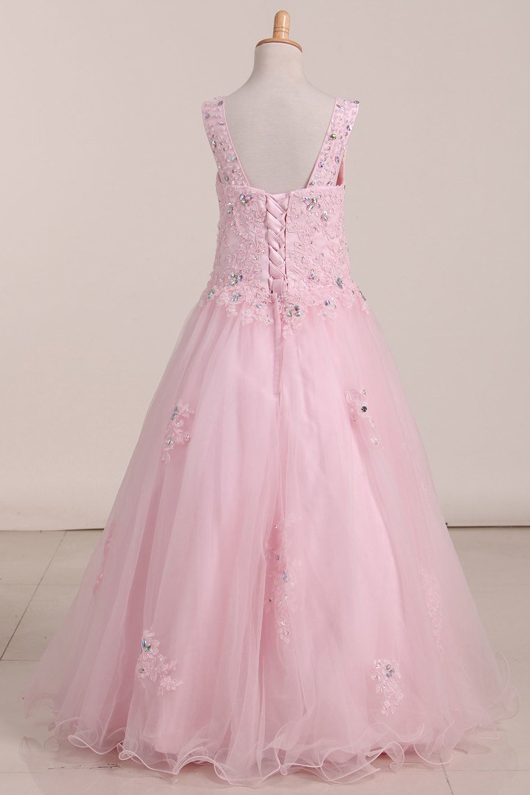 2024 Flower Girl Dresses Tulle Straps With Beads And Applique Floor Length