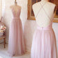 Simple A-line V-neck Long Pink Prom Dress with Criss Cross Back Prom Dresses JS783