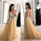Simple A Line Tulle Beads V Neck Straps Backless Prom Dresses Long Evening Dresses JS681