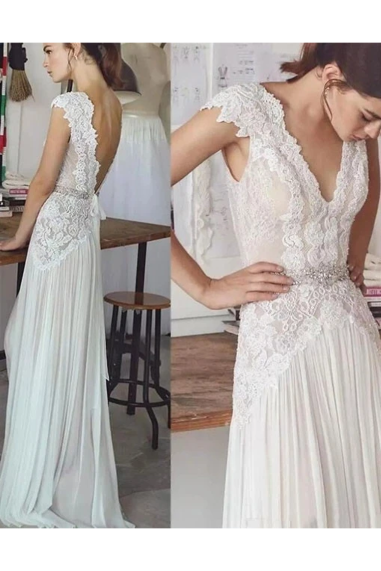 Unique V Neck Cap Sleeves Chiffon Beach Wedding Dress With Beading SJSPGG9HAF7