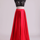 Two Pieces Open Back Prom Dresses Scoop Satin Appliqued&Beaded Bodice Floor Length