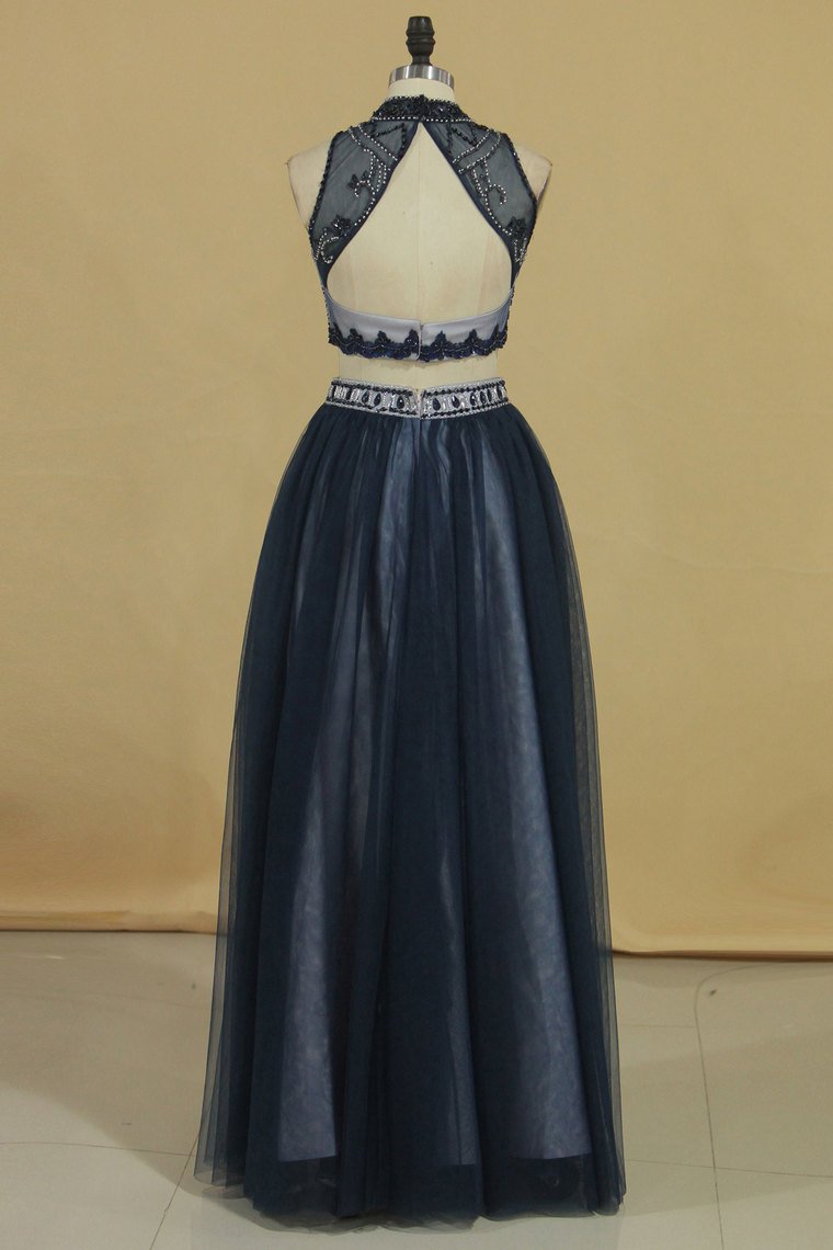Prom Dresses High Neck Two Pieces Tulle A Line With Beads Floor Length