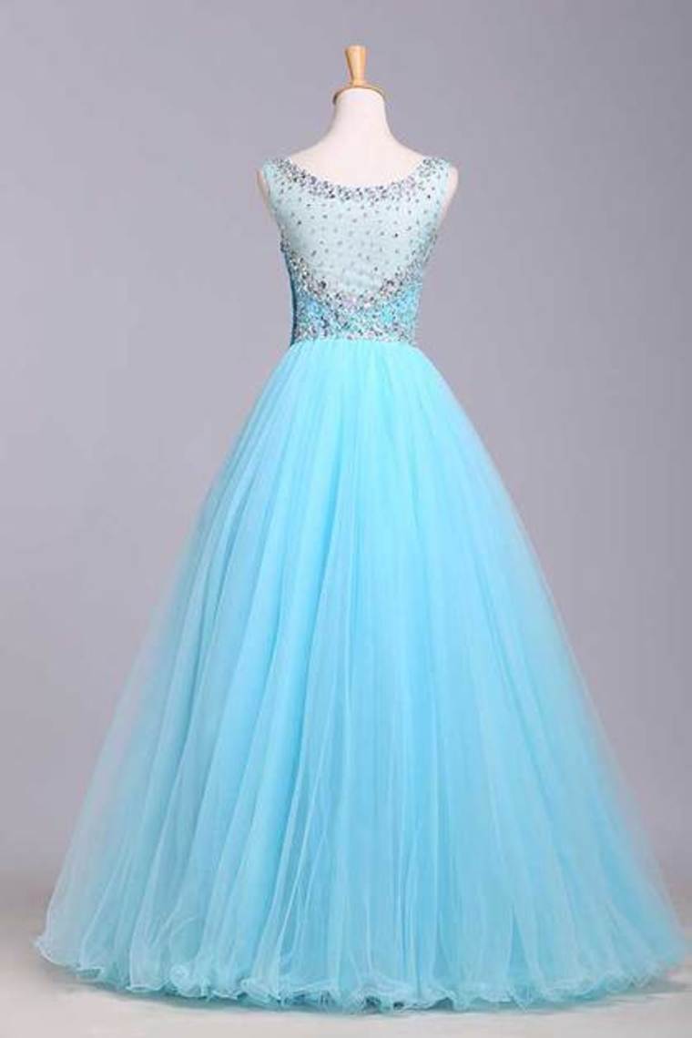 Bateau Beaded Bodice A Line/Princess Prom Dress With Tulle Skirt Open Back