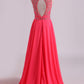 2024 Water Melon Prom Dresses Scoop A Line Beaded Bodice Open Back Chiffon & Tulle Floor-Length