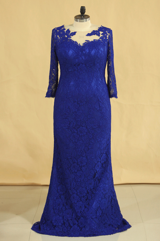 2024 Plus Size Mother Of The Bride Dresses Scoop 3/4 Length Sleeve Lace With Applique Dark Royal Blue