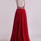 2024 A Line Halter Open Back Prom Dresses Sweep Train Chiffon & Tulle With Beading