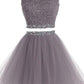 Two Piece Open Back Scoop Beads Sleeveless Grey Tulle A-Line Homecoming Dress I1012