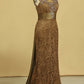 Brown High Neck Evening Dresses Column With Beading Lace Sweep Train