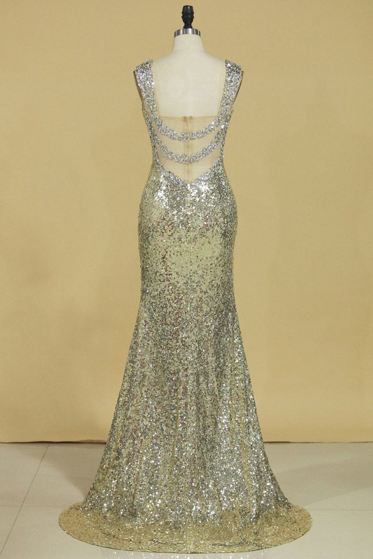 Straps Prom Dresses Sheath With Beads Sequins Floor Length