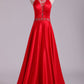 Open Back A Line Halter Satin Prom Dresses With Beading Floor Length