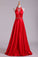 Open Back A Line Halter Satin Prom Dresses With Beading Floor Length