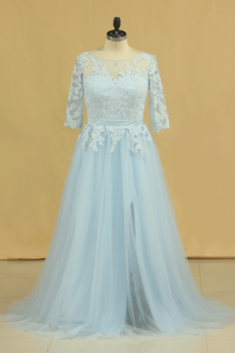 Mother Of The Bride Dresses A Line Bateau Tulle With Applique And Sash Sweep Train Plus Size Light Sky Blue