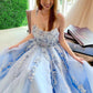 Sky Blue A Line Elegant Backless Floral Lace Long Prom Dresses