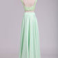 Two Pieces Cap Sleeves A Line Prom Dresses Scoop Beaded Bodice Stretch Satin