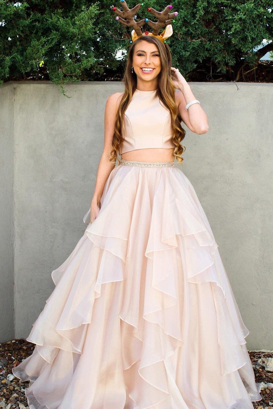 Two Piece A-line High Neck Beads Organza Long Sparkly Chic Evening Prom Dresses UK JS474