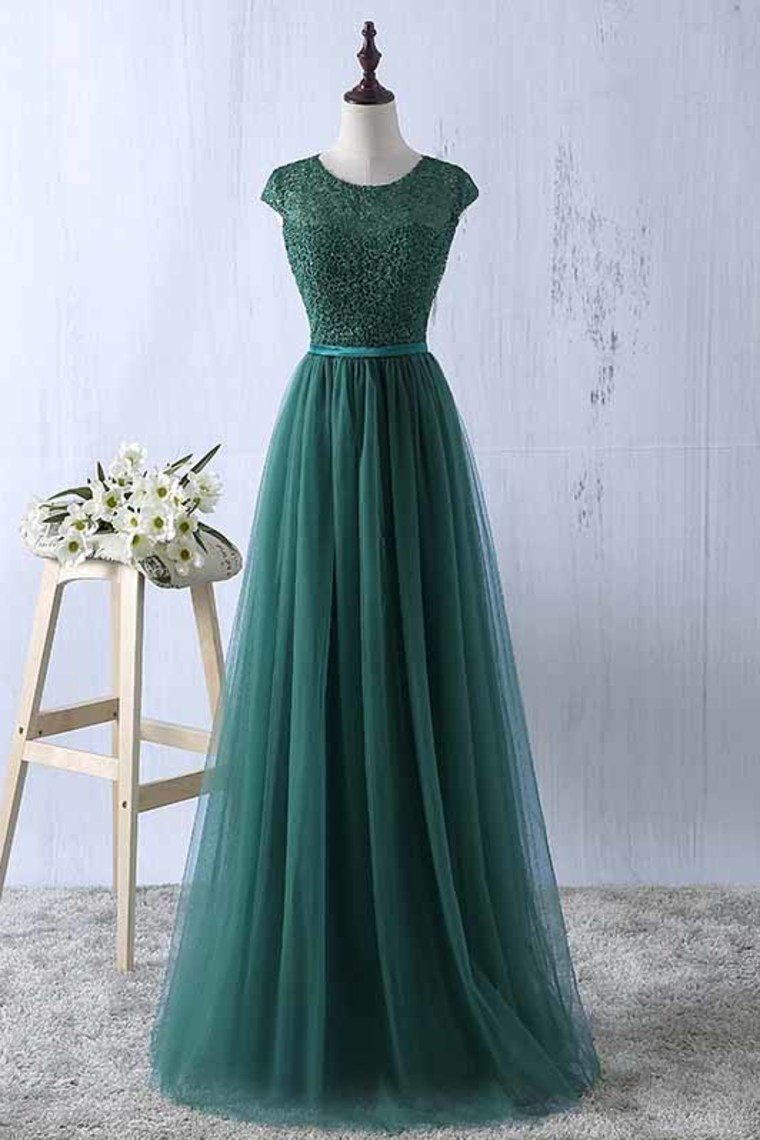 Scoop Tulle & Lace With Sash A Line Sweep Train Prom Dresses