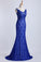 Evening Dresses Bateau Mermaid With Deep V Shape Back Lace&Tulle Dark Royal Blue