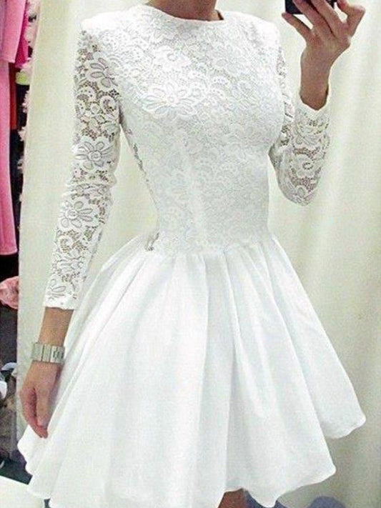 2024 A-Line Jewel Lace Homecoming Dresses Pamela Neck Long Sleeve Cut Short/Mini