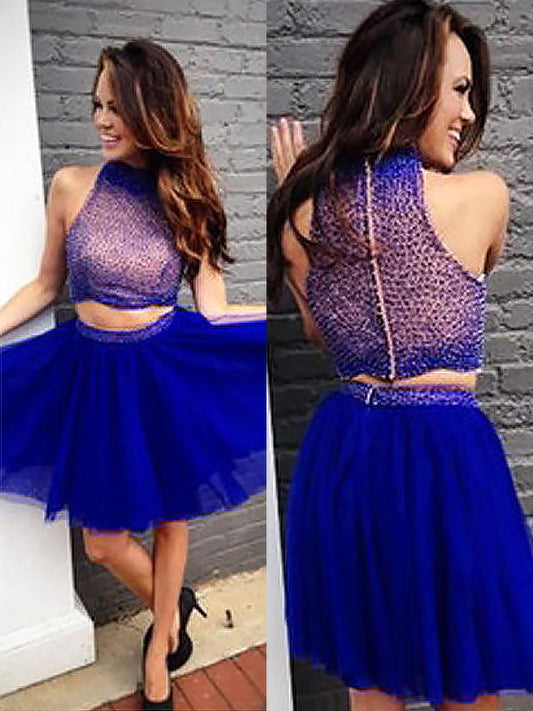 2024 A-Line Halter Sleeveless Two Piece Beading Tulle Zaria Homecoming Dresses Cut Short/Mini