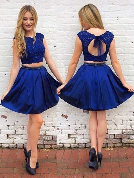 2024 A-Line Two Piece Scoop Neck Homecoming Dresses Stacy Cap Sleeve Cut Out Back Beading Short/Mini