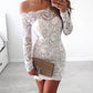 White Off-The-Shoulder Cut Short/Mini Homecoming Dresses Lace Adeline Sheath/Column Long Sleeve
