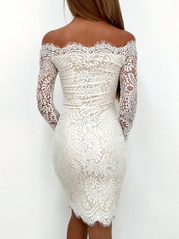 White Off-The-Shoulder Cut Short/Mini Homecoming Dresses Lace Adeline Sheath/Column Long Sleeve