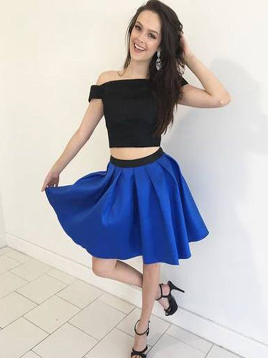 Two Piece Off-The-Shoulder Homecoming Dresses Precious Satin Pleated Cut Short Mini