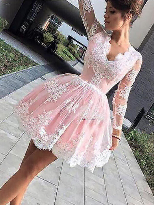 Ball Gown V Neck Long Sleeve Homecoming Dresses Chanel Applique Cut Short Mini