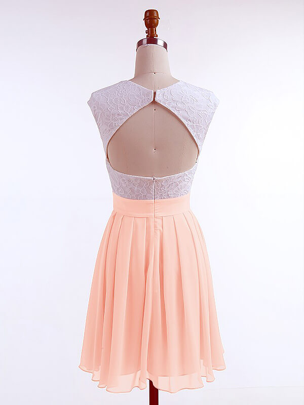 A-Line Scoop Neck Cap Homecoming Dresses Adelyn Lace Chiffon Sleeve Cut Out Back Cut Short/Mini