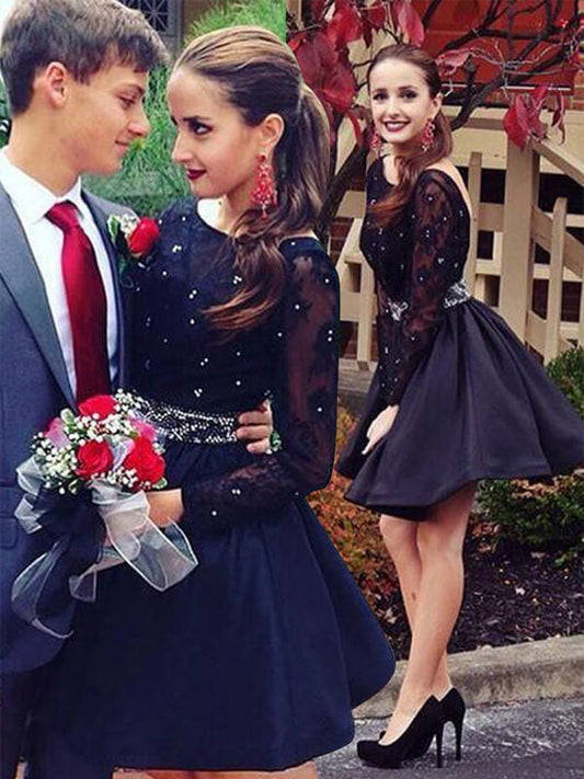 Scoop Neck Long Sleeve Backless Cut Short Mini Beading Homecoming Dresses Janiah Lace Ball Gown