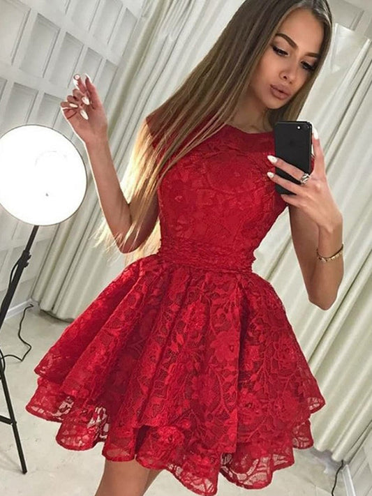 Cap Sleeves Jewel A Line Lace Homecoming Dresses Camilla Red Tiered Short Flowers Pleated