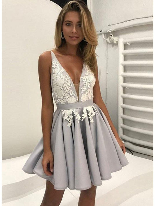 Silver Deep A Line Lace Homecoming Dresses Satin Makena V Neck Straps Appliques Pleated Flowers