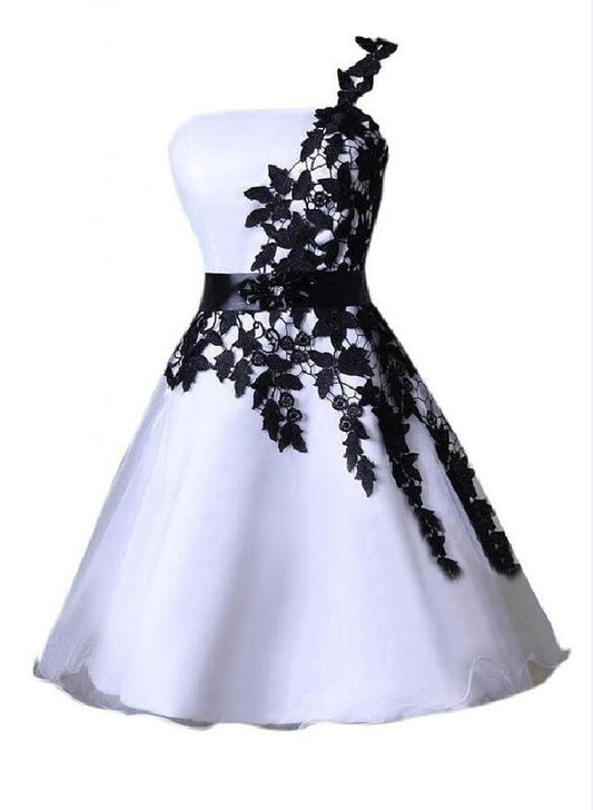 One Shoulder Up Satin Homecoming Dresses Kylee A Line Lace White Appliques Flowers