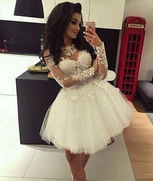 Jewel Lace A Line Homecoming Dresses Dayami Long Sleeve Appliques Pleated Tulle Sheer Short