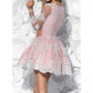 Long Sleeve Ball Gown Pleated Deep V Homecoming Dresses Lace Pink Marlee Neck Sheer Flowers Mini